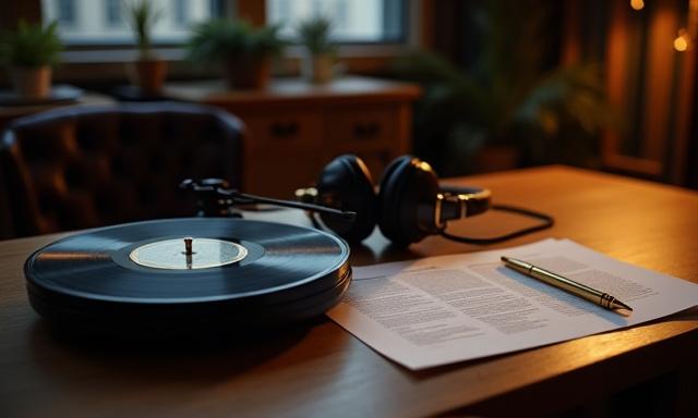 Close up of a premium vinyl record player and professional contracts on a desk