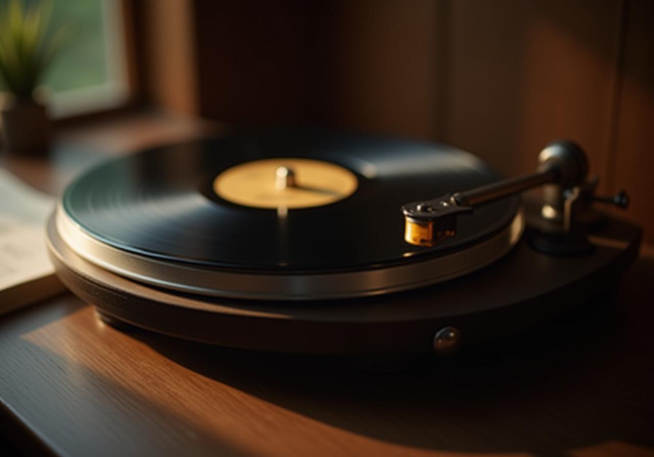 Close-up of a high-end vintage record player and sheet music with golden accents