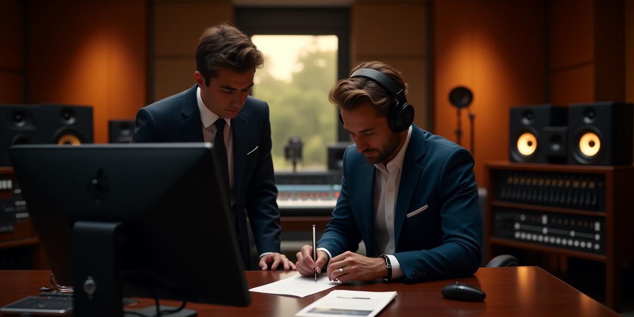 A professional music manager and artist discussing a contract in a high-end recording studio environment