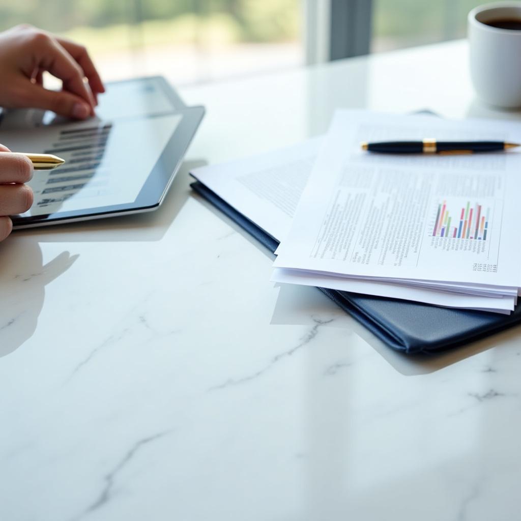 Legal professional reviewing complex royalty distribution statements with highlighters and tablets