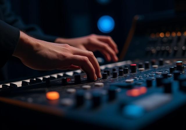 Close up of a professional music producer working with a sampler and mixing desk in a moody London studio